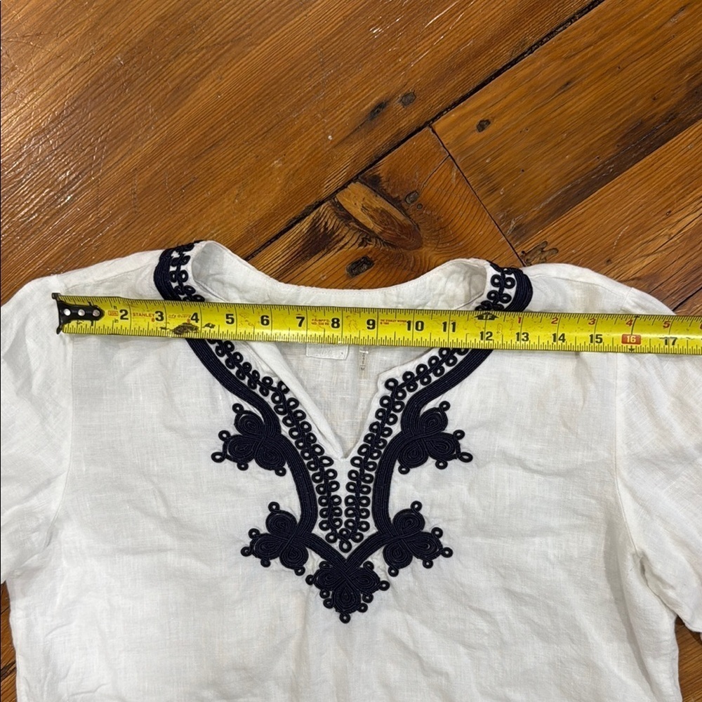 Symple NYC Tunic Embroidered Linen White and Navy Top size medium - Picture 5 of 13